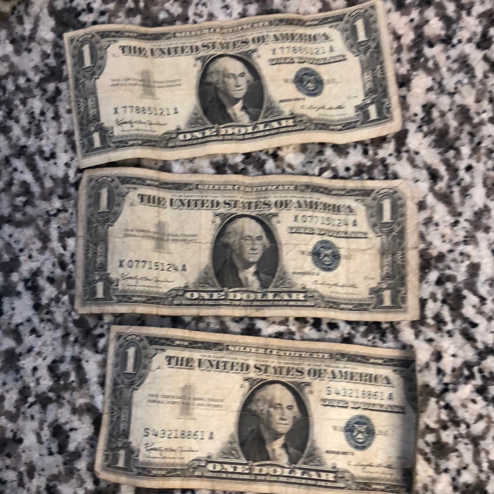 3 1957 B series blue stamped dollar bills